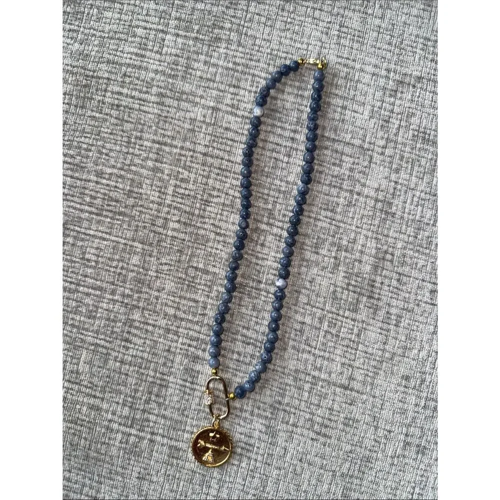 Gold Coin Pendant Necklace with Gray Beads